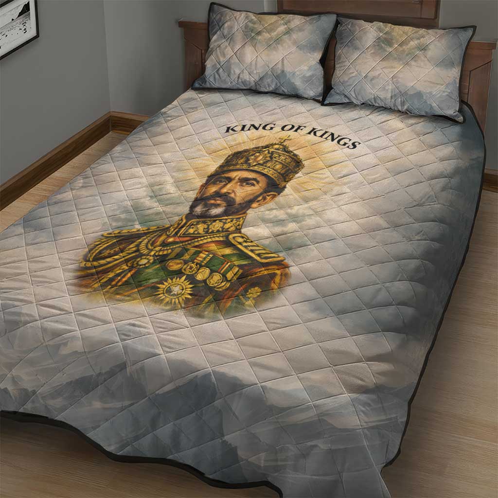 Haile Selassie I Ethiopia Quilt Bed Set with King of Kings and Conquering Lion Cloud Rays and Regal Portrait - Wonder Print Shop