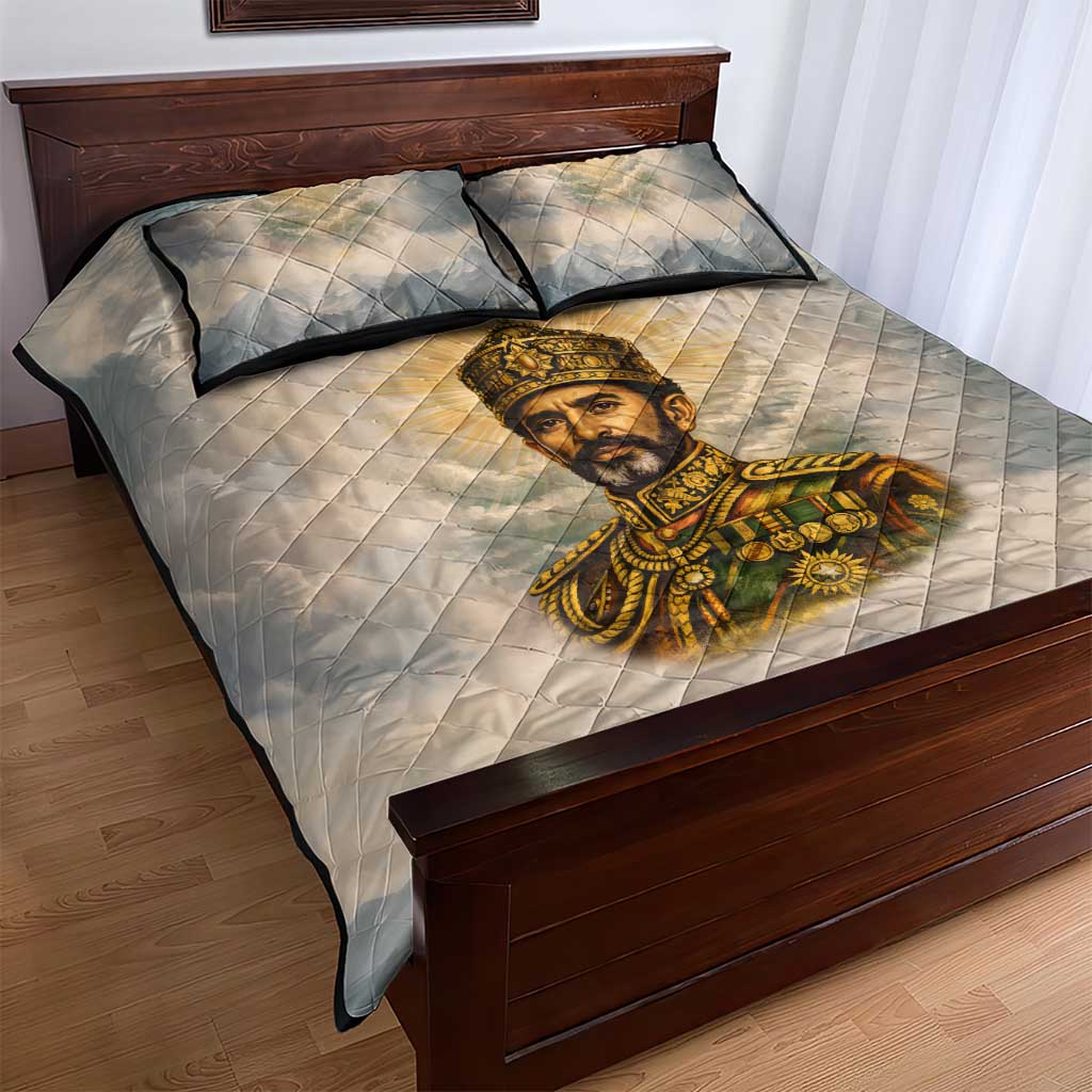 Haile Selassie I Ethiopia Quilt Bed Set with King of Kings and Conquering Lion Cloud Rays and Regal Portrait - Wonder Print Shop