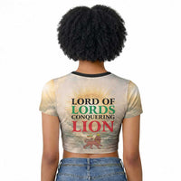 Haile Selassie I Ethiopia Raglan Cropped T shirt with King of Kings and Conquering Lion Cloud Rays and Regal Portrait
