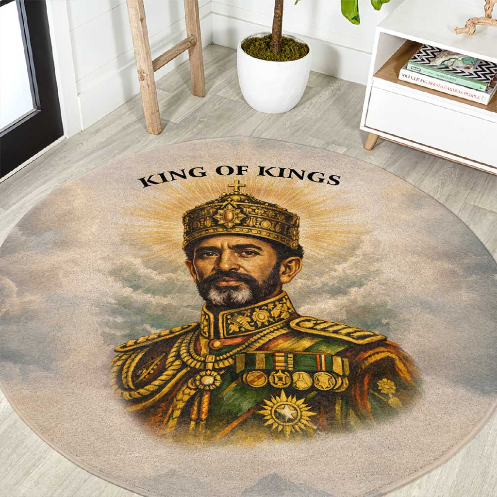 Haile Selassie I Ethiopia Round Carpet with King of Kings and Conquering Lion Cloud Rays and Regal Portrait - Wonder Print Shop