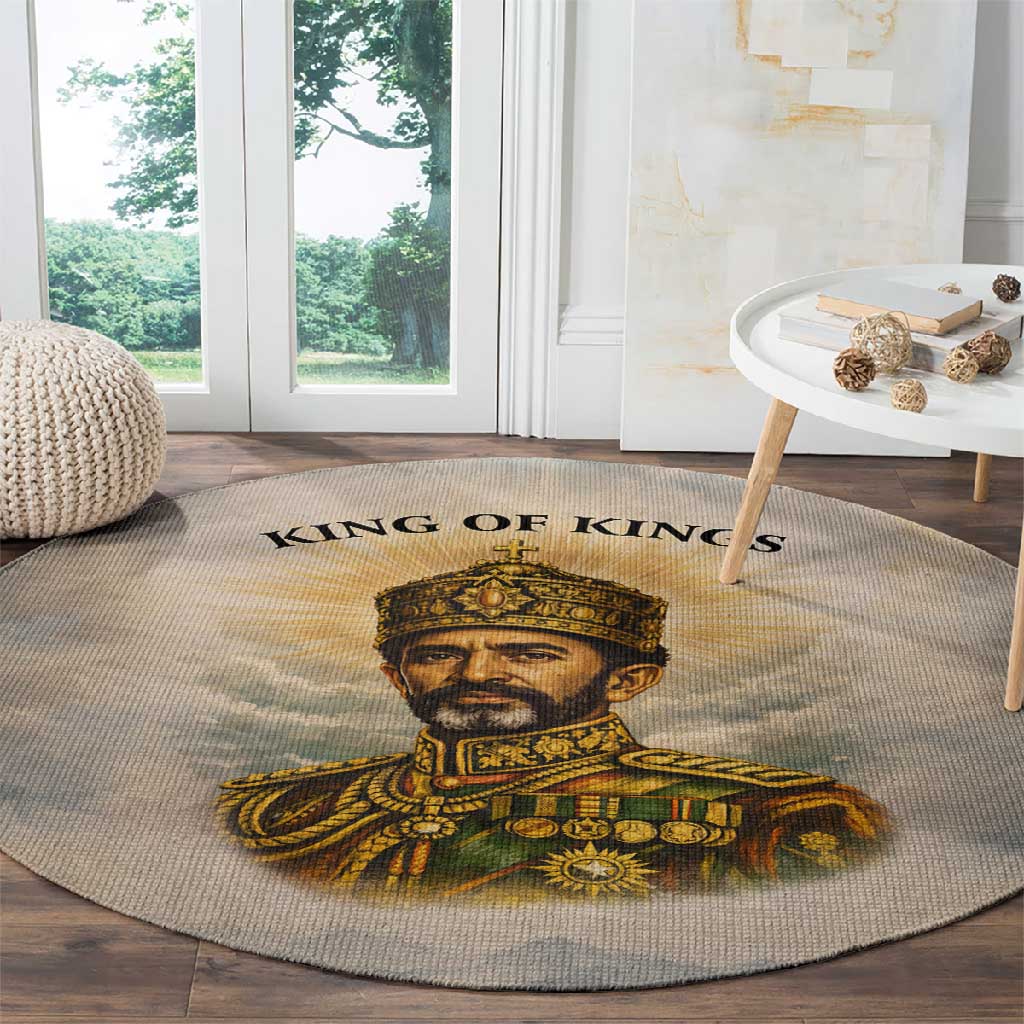 Haile Selassie I Ethiopia Round Carpet with King of Kings and Conquering Lion Cloud Rays and Regal Portrait - Wonder Print Shop
