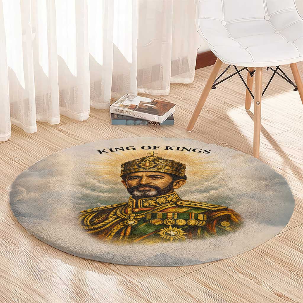 Haile Selassie I Ethiopia Round Carpet with King of Kings and Conquering Lion Cloud Rays and Regal Portrait - Wonder Print Shop