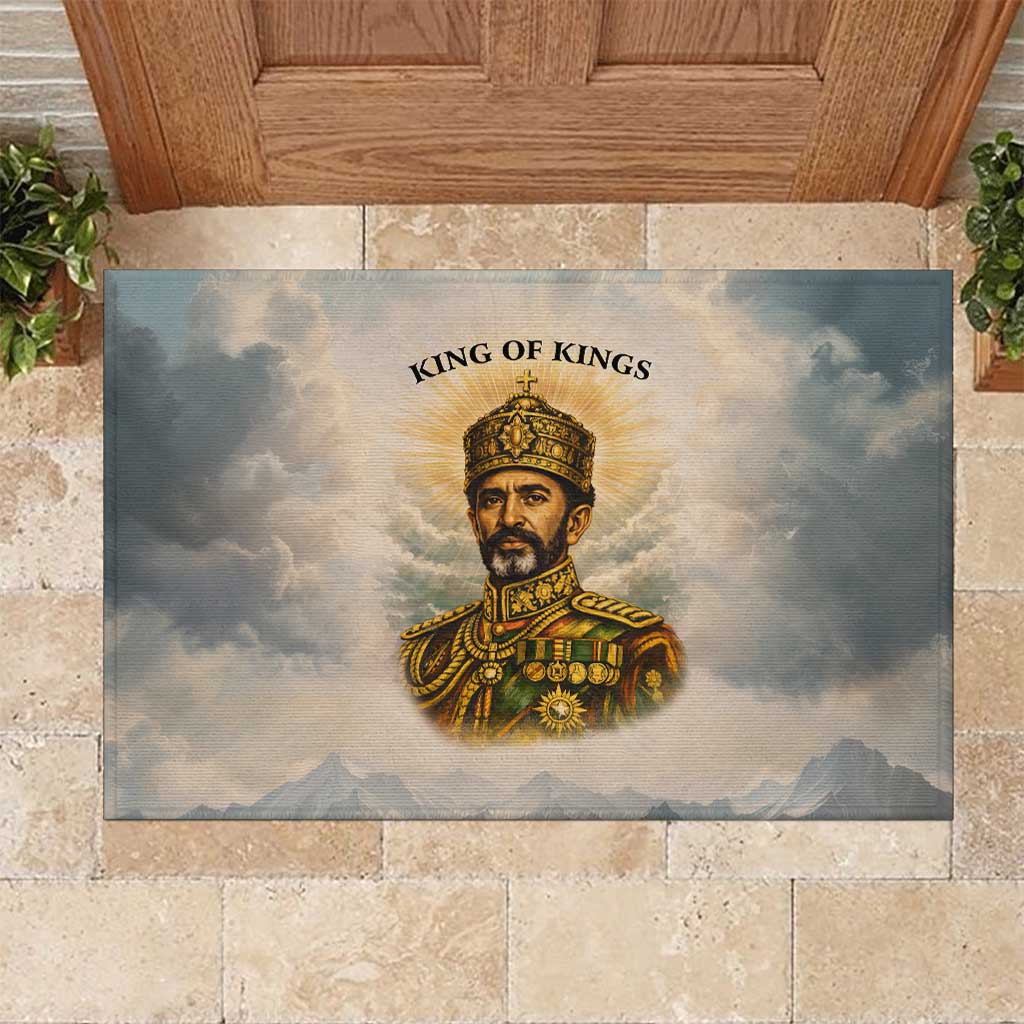 Haile Selassie I Ethiopia Rubber Doormat with King of Kings and Conquering Lion Cloud Rays and Regal Portrait - Wonder Print Shop