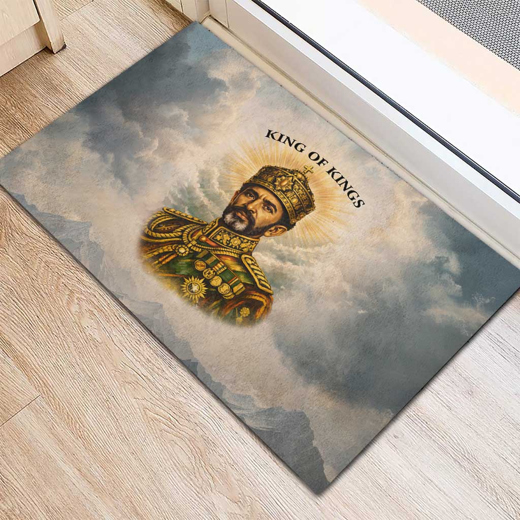 Haile Selassie I Ethiopia Rubber Doormat with King of Kings and Conquering Lion Cloud Rays and Regal Portrait - Wonder Print Shop