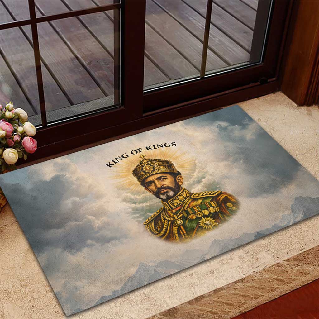 Haile Selassie I Ethiopia Rubber Doormat with King of Kings and Conquering Lion Cloud Rays and Regal Portrait - Wonder Print Shop