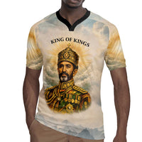 Haile Selassie I Ethiopia Rugby Jersey with King of Kings and Conquering Lion Cloud Rays and Regal Portrait