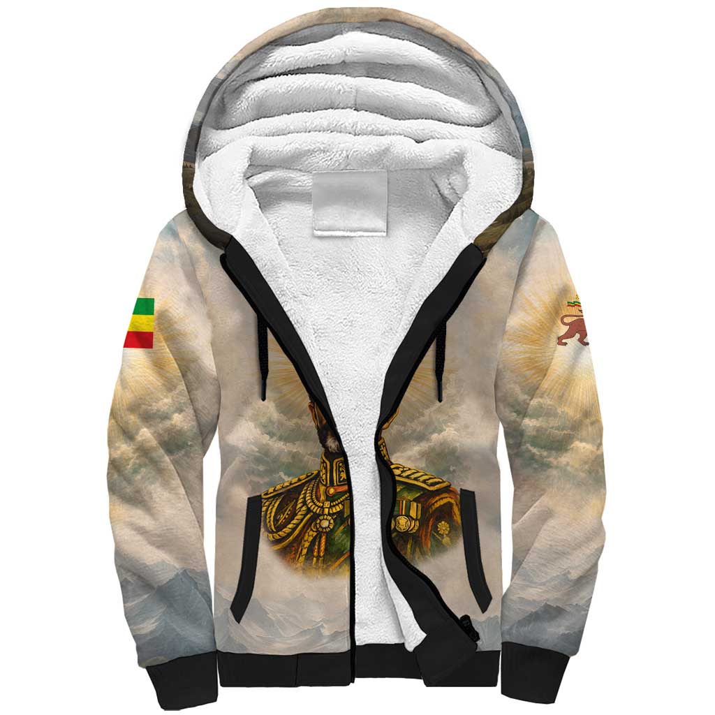 Haile Selassie I Ethiopia Sherpa Hoodie with King of Kings and Conquering Lion Cloud Rays and Regal Portrait