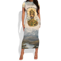 Haile Selassie I Ethiopia Short Sleeve Bodycon Dress with King of Kings and Conquering Lion Cloud Rays and Regal Portrait