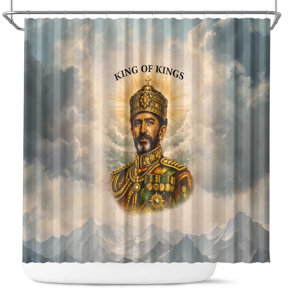 Haile Selassie I Ethiopia Shower Curtain with King of Kings and Conquering Lion Cloud Rays and Regal Portrait - Wonder Print Shop