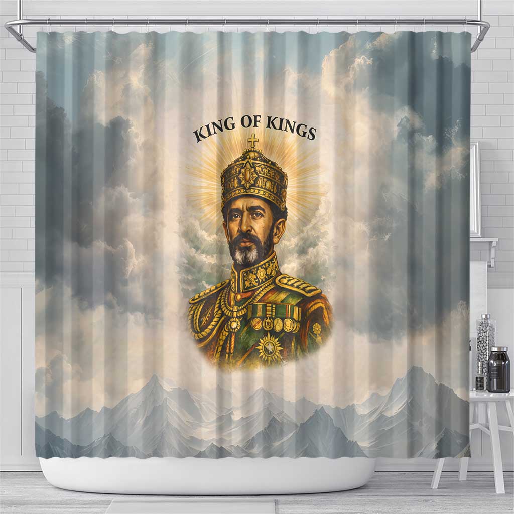 Haile Selassie I Ethiopia Shower Curtain with King of Kings and Conquering Lion Cloud Rays and Regal Portrait - Wonder Print Shop
