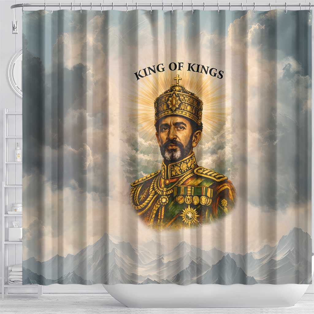 Haile Selassie I Ethiopia Shower Curtain with King of Kings and Conquering Lion Cloud Rays and Regal Portrait - Wonder Print Shop