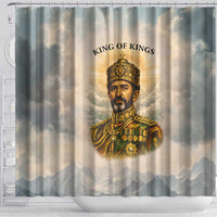 Haile Selassie I Ethiopia Shower Curtain with King of Kings and Conquering Lion Cloud Rays and Regal Portrait - Wonder Print Shop