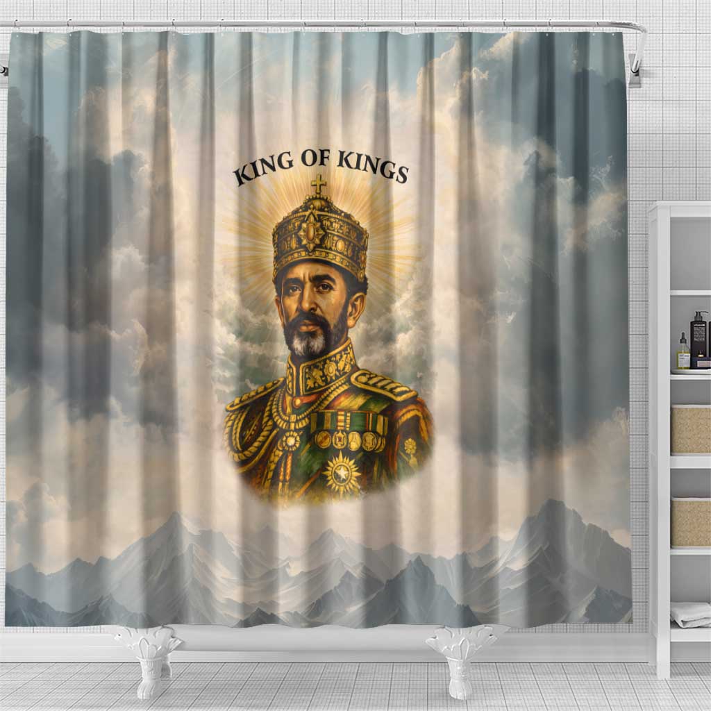 Haile Selassie I Ethiopia Shower Curtain with King of Kings and Conquering Lion Cloud Rays and Regal Portrait - Wonder Print Shop
