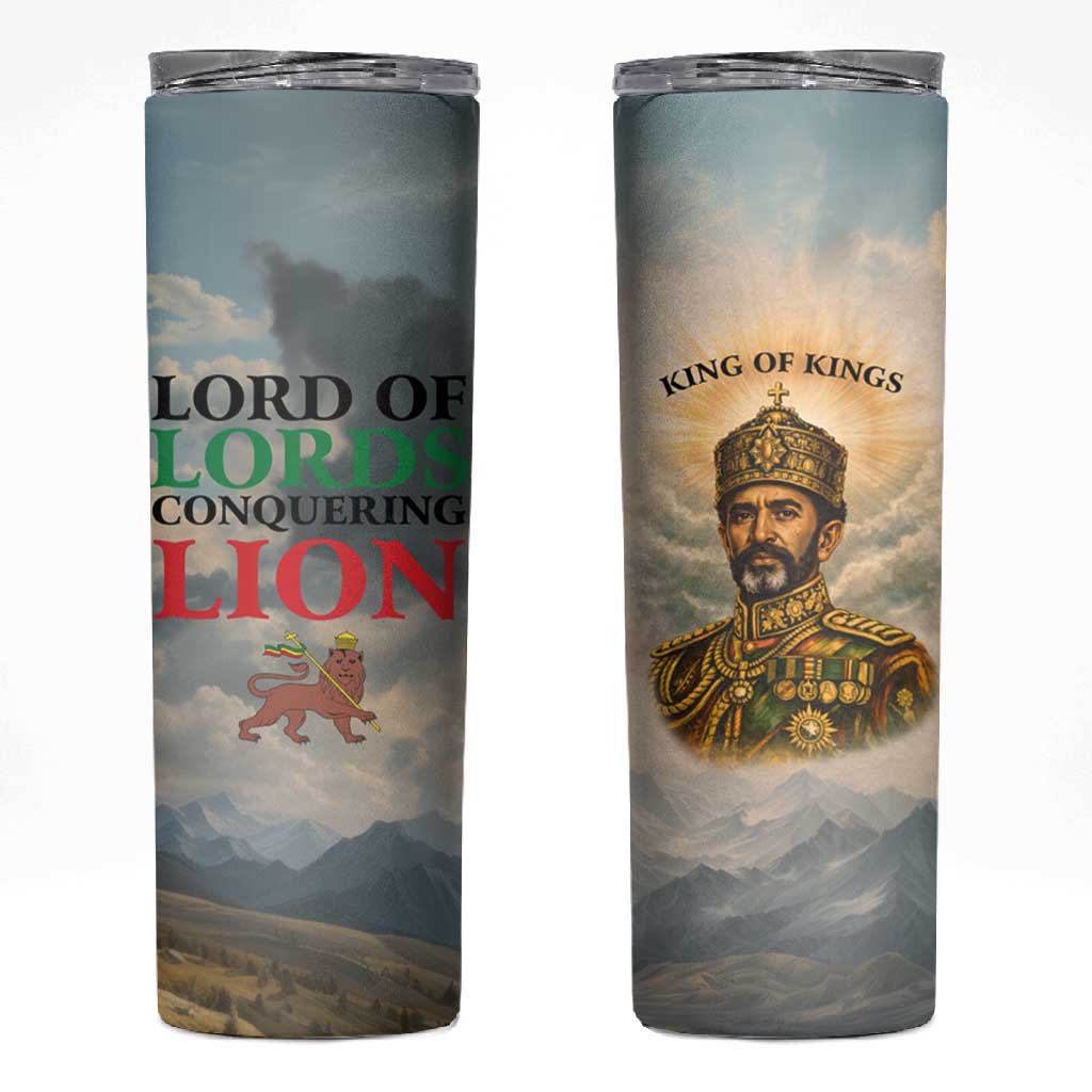 Haile Selassie I Ethiopia Skinny Tumbler with King of Kings and Conquering Lion Cloud Rays and Regal Portrait - Wonder Print Shop