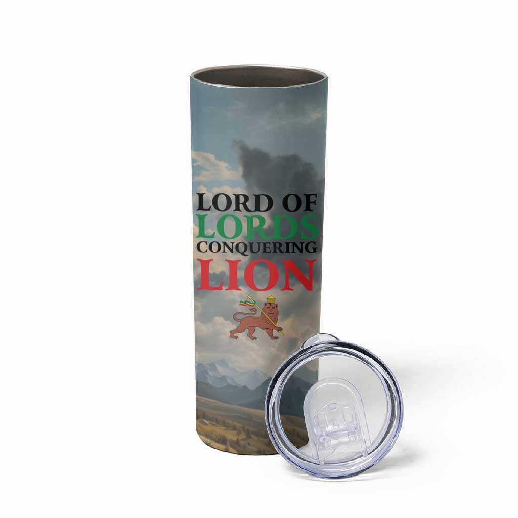 Haile Selassie I Ethiopia Skinny Tumbler with King of Kings and Conquering Lion Cloud Rays and Regal Portrait - Wonder Print Shop