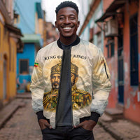 Haile Selassie I Ethiopia Sleeve Zip Bomber Jacket with King of Kings and Conquering Lion Cloud Rays and Regal Portrait - Wonder Print Shop