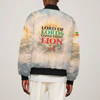 Haile Selassie I Ethiopia Sleeve Zip Bomber Jacket with King of Kings and Conquering Lion Cloud Rays and Regal Portrait - Wonder Print Shop