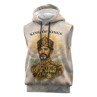 Haile Selassie I Ethiopia Sleeveless Hoodie with King of Kings and Conquering Lion Cloud Rays and Regal Portrait