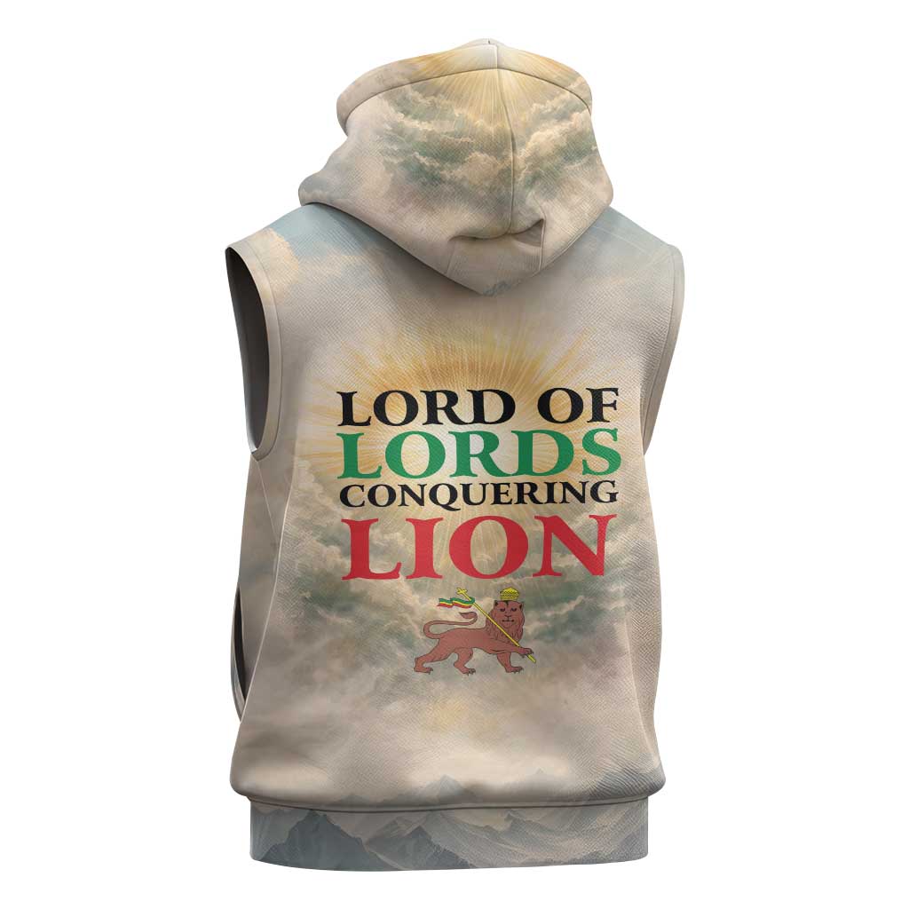 Haile Selassie I Ethiopia Sleeveless Hoodie with King of Kings and Conquering Lion Cloud Rays and Regal Portrait