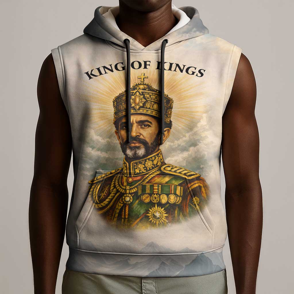 Haile Selassie I Ethiopia Sleeveless Hoodie with King of Kings and Conquering Lion Cloud Rays and Regal Portrait