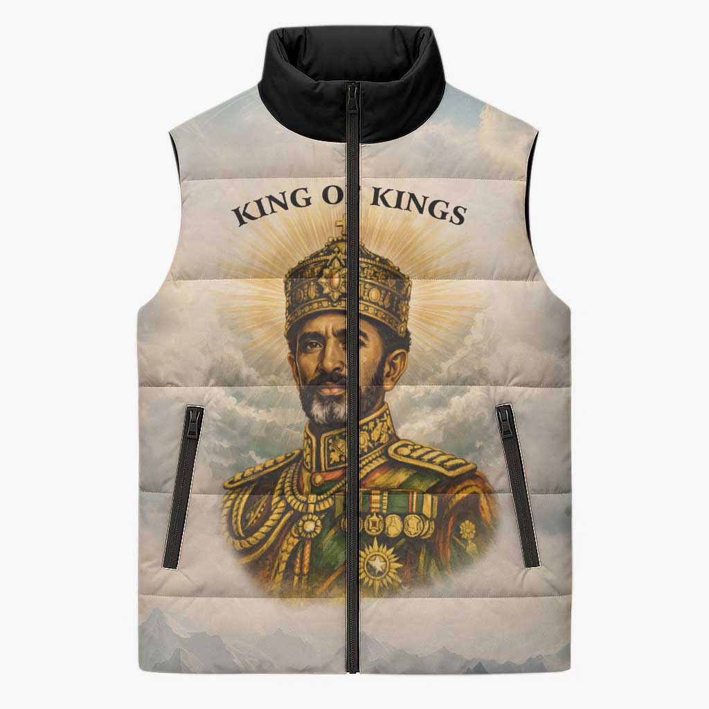Haile Selassie I Ethiopia Sleeveless Puffer Jacket with King of Kings and Conquering Lion Cloud Rays and Regal Portrait - Wonder Print Shop