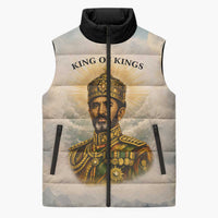 Haile Selassie I Ethiopia Sleeveless Puffer Jacket with King of Kings and Conquering Lion Cloud Rays and Regal Portrait - Wonder Print Shop