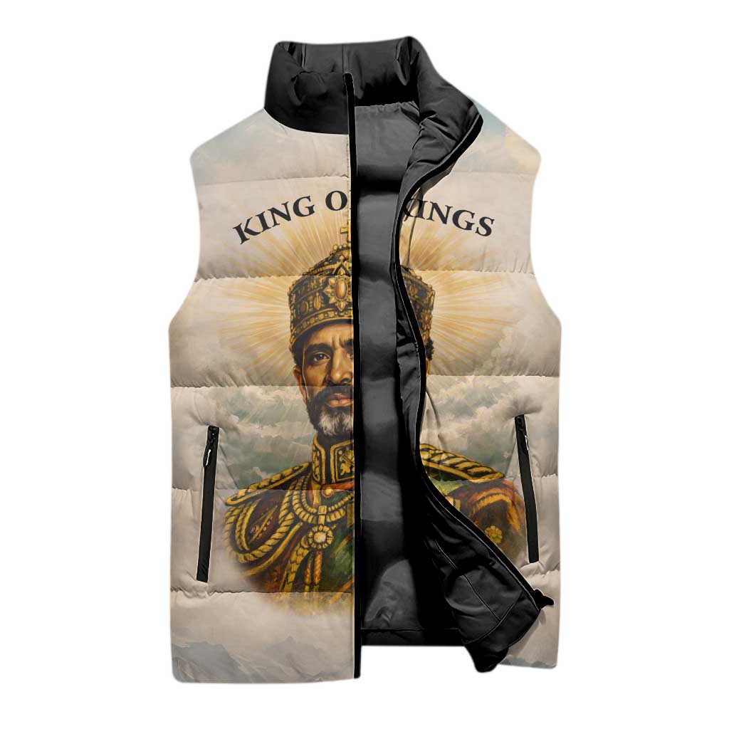 Haile Selassie I Ethiopia Sleeveless Puffer Jacket with King of Kings and Conquering Lion Cloud Rays and Regal Portrait - Wonder Print Shop