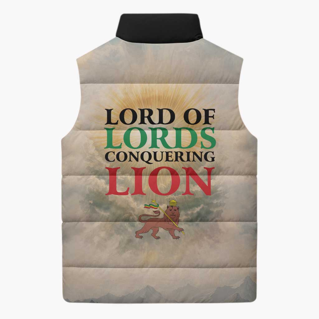 Haile Selassie I Ethiopia Sleeveless Puffer Jacket with King of Kings and Conquering Lion Cloud Rays and Regal Portrait - Wonder Print Shop