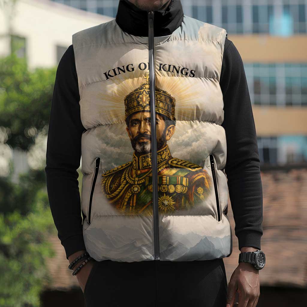 Haile Selassie I Ethiopia Sleeveless Puffer Jacket with King of Kings and Conquering Lion Cloud Rays and Regal Portrait - Wonder Print Shop