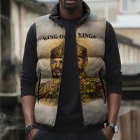 Haile Selassie I Ethiopia Sleeveless Puffer Jacket with King of Kings and Conquering Lion Cloud Rays and Regal Portrait - Wonder Print Shop