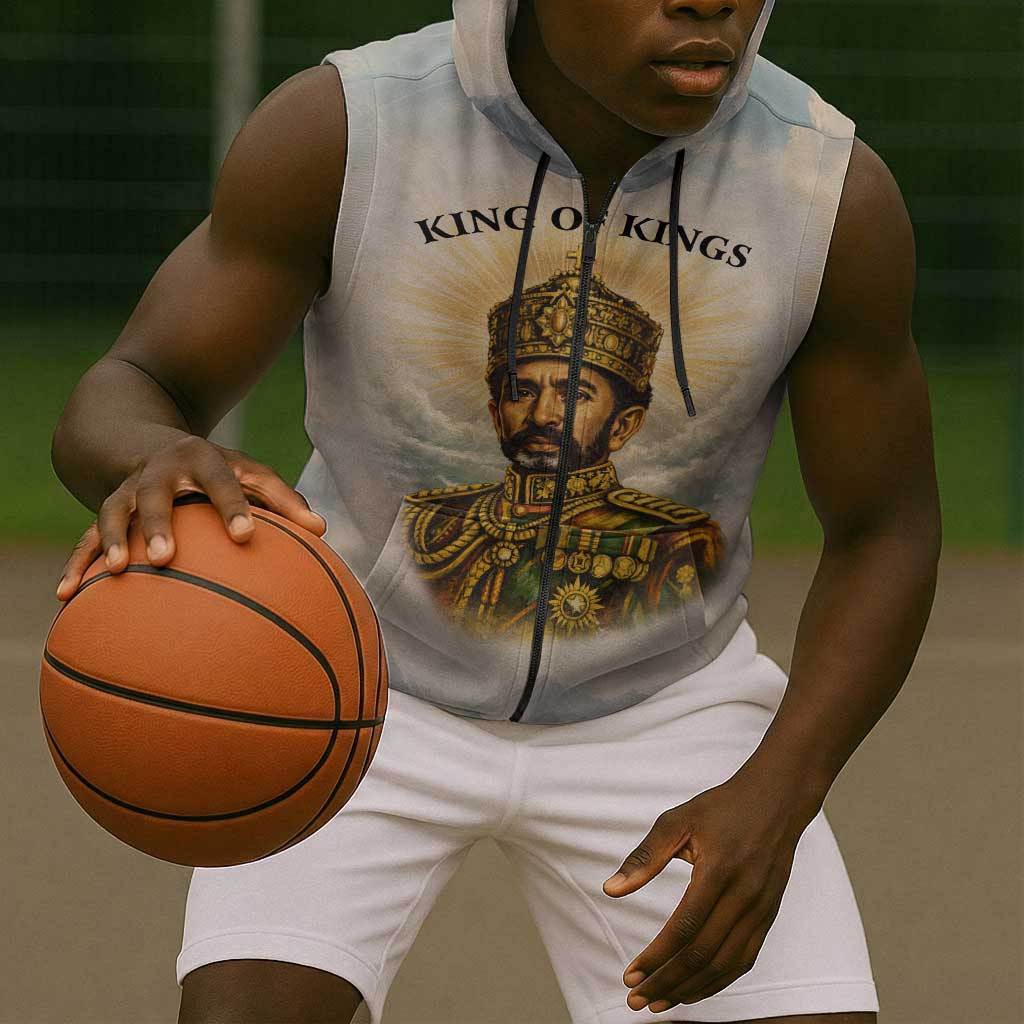 Haile Selassie I Ethiopia Sleeveless Zip Hoodie with King of Kings and Conquering Lion Cloud Rays and Regal Portrait