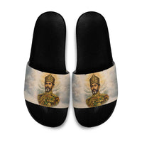 Haile Selassie I Ethiopia Slide Sandals with King of Kings and Conquering Lion Cloud Rays and Regal Portrait - Wonder Print Shop