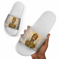 Haile Selassie I Ethiopia Slide Sandals with King of Kings and Conquering Lion Cloud Rays and Regal Portrait - Wonder Print Shop