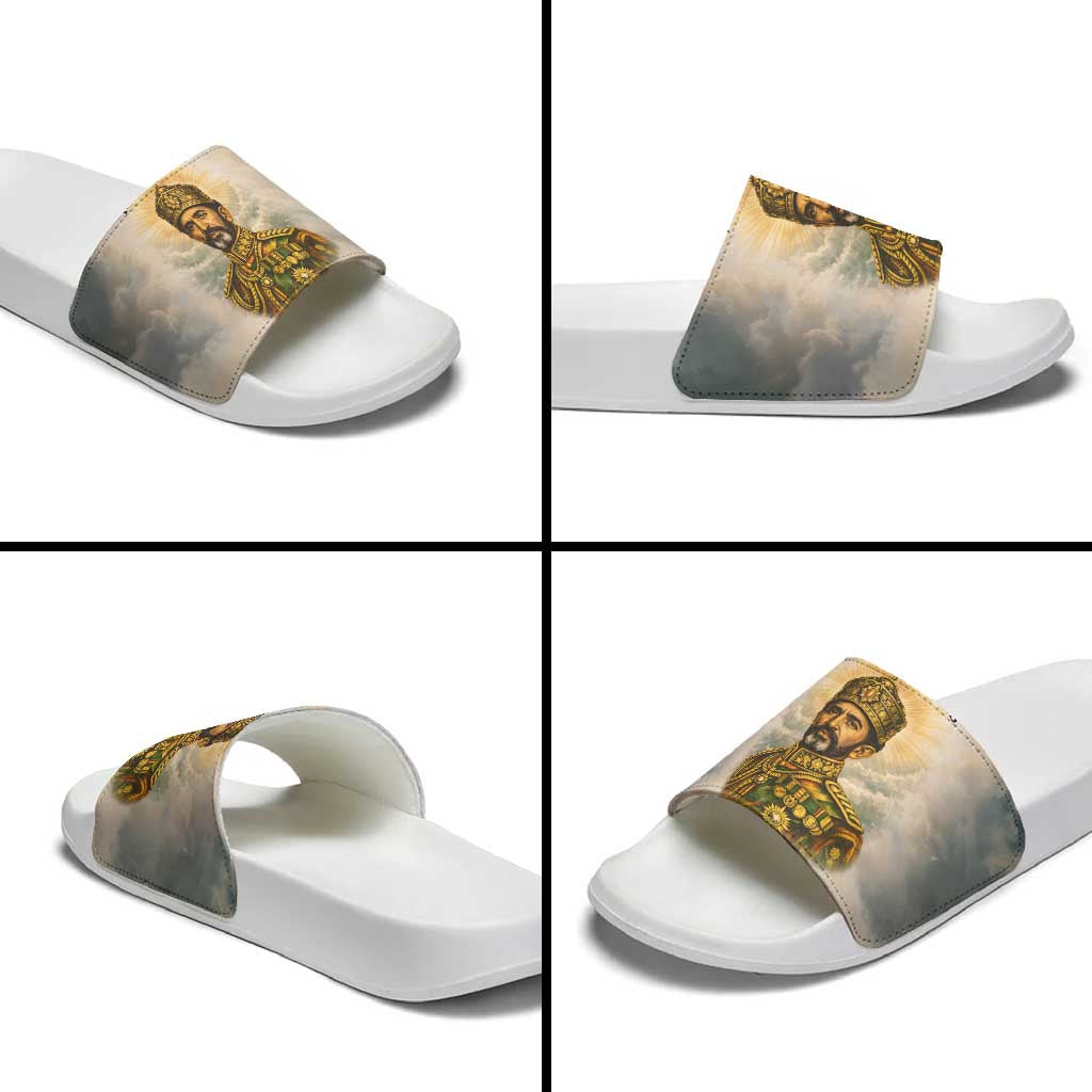 Haile Selassie I Ethiopia Slide Sandals with King of Kings and Conquering Lion Cloud Rays and Regal Portrait - Wonder Print Shop