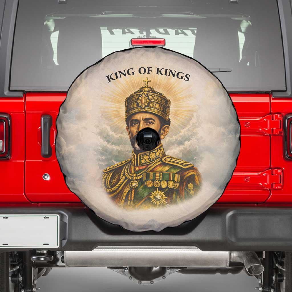 Haile Selassie I Ethiopia Spare Tire Cover with King of Kings and Conquering Lion Cloud Rays and Regal Portrait - Wonder Print Shop