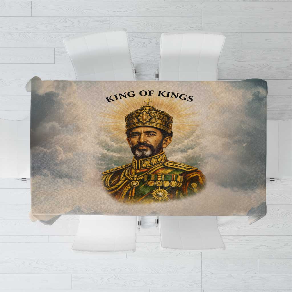 Haile Selassie I Ethiopia Tablecloth with King of Kings and Conquering Lion Cloud Rays and Regal Portrait - Wonder Print Shop