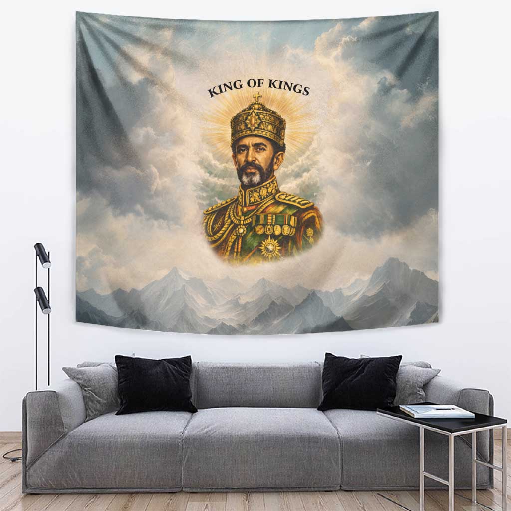 Haile Selassie I Ethiopia Tapestry with King of Kings and Conquering Lion Cloud Rays and Regal Portrait - Wonder Print Shop