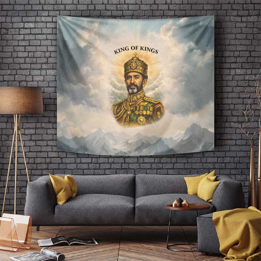 Haile Selassie I Ethiopia Tapestry with King of Kings and Conquering Lion Cloud Rays and Regal Portrait - Wonder Print Shop