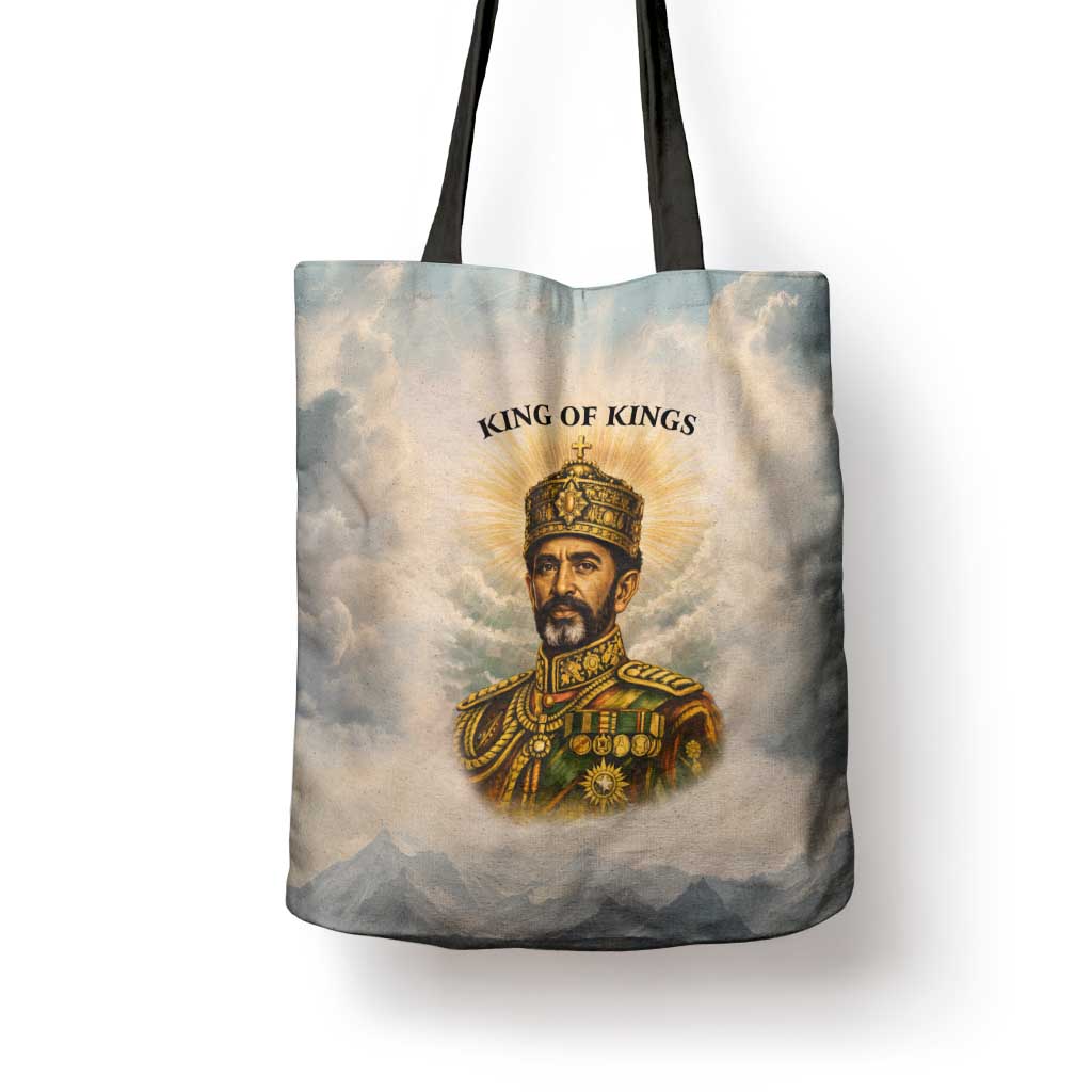 Haile Selassie I Ethiopia Tote Bag with King of Kings and Conquering Lion Cloud Rays and Regal Portrait - Wonder Print Shop