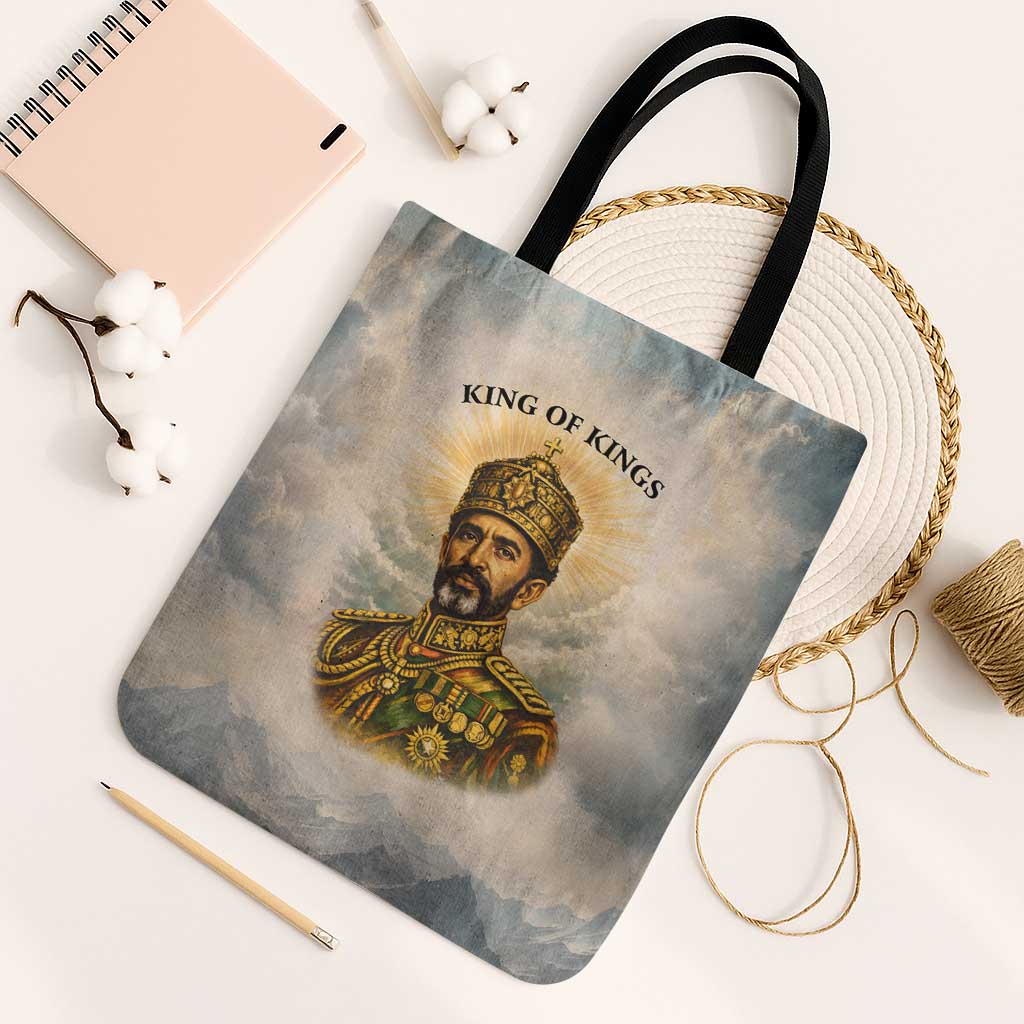 Haile Selassie I Ethiopia Tote Bag with King of Kings and Conquering Lion Cloud Rays and Regal Portrait - Wonder Print Shop