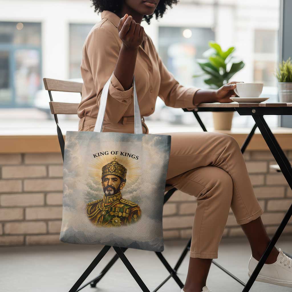 Haile Selassie I Ethiopia Tote Bag with King of Kings and Conquering Lion Cloud Rays and Regal Portrait - Wonder Print Shop