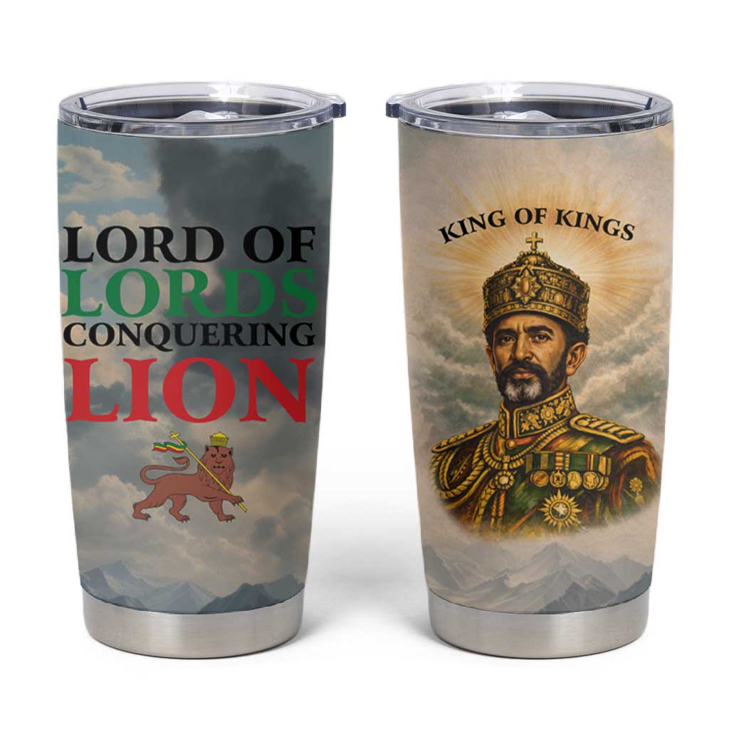 Haile Selassie I Ethiopia Tumbler Cup with King of Kings and Conquering Lion Cloud Rays and Regal Portrait - Wonder Print Shop