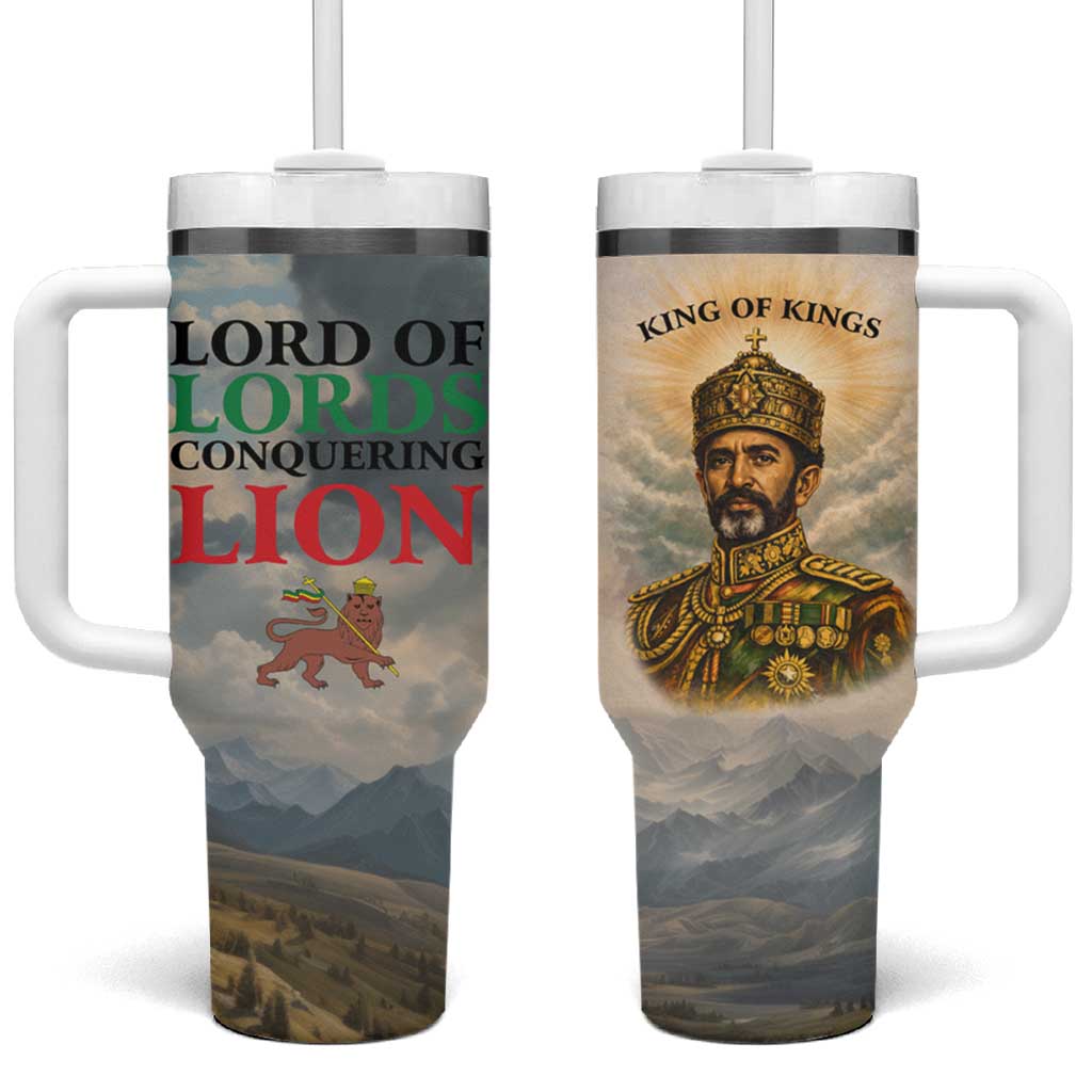 Haile Selassie I Ethiopia Tumbler With Handle with King of Kings and Conquering Lion Cloud Rays and Regal Portrait - Wonder Print Shop
