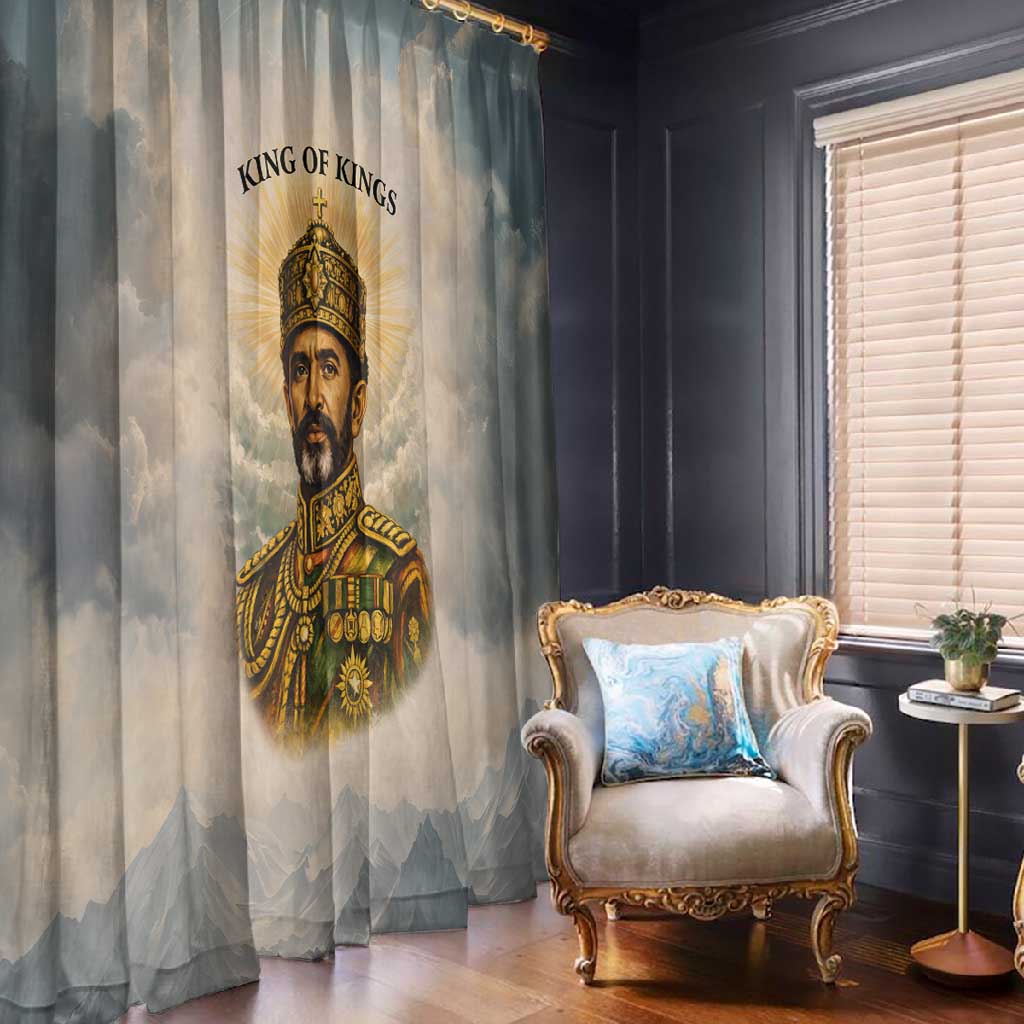 Haile Selassie I Ethiopia Window Curtain with King of Kings and Conquering Lion Cloud Rays and Regal Portrait - Wonder Print Shop
