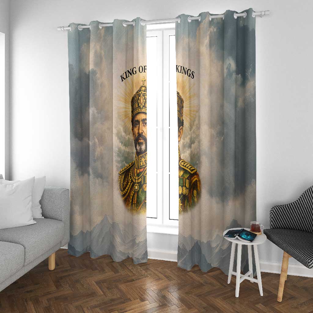Haile Selassie I Ethiopia Window Curtain with King of Kings and Conquering Lion Cloud Rays and Regal Portrait - Wonder Print Shop
