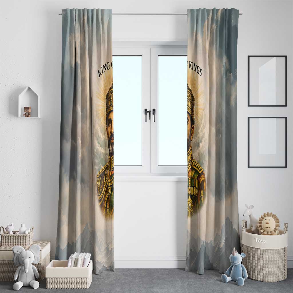 Haile Selassie I Ethiopia Window Curtain with King of Kings and Conquering Lion Cloud Rays and Regal Portrait - Wonder Print Shop