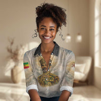 Haile Selassie I Ethiopia Women Casual Shirt with King of Kings and Conquering Lion Cloud Rays and Regal Portrait
