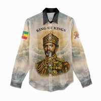 Haile Selassie I Ethiopia Women Casual Shirt with King of Kings and Conquering Lion Cloud Rays and Regal Portrait