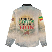 Haile Selassie I Ethiopia Women Casual Shirt with King of Kings and Conquering Lion Cloud Rays and Regal Portrait