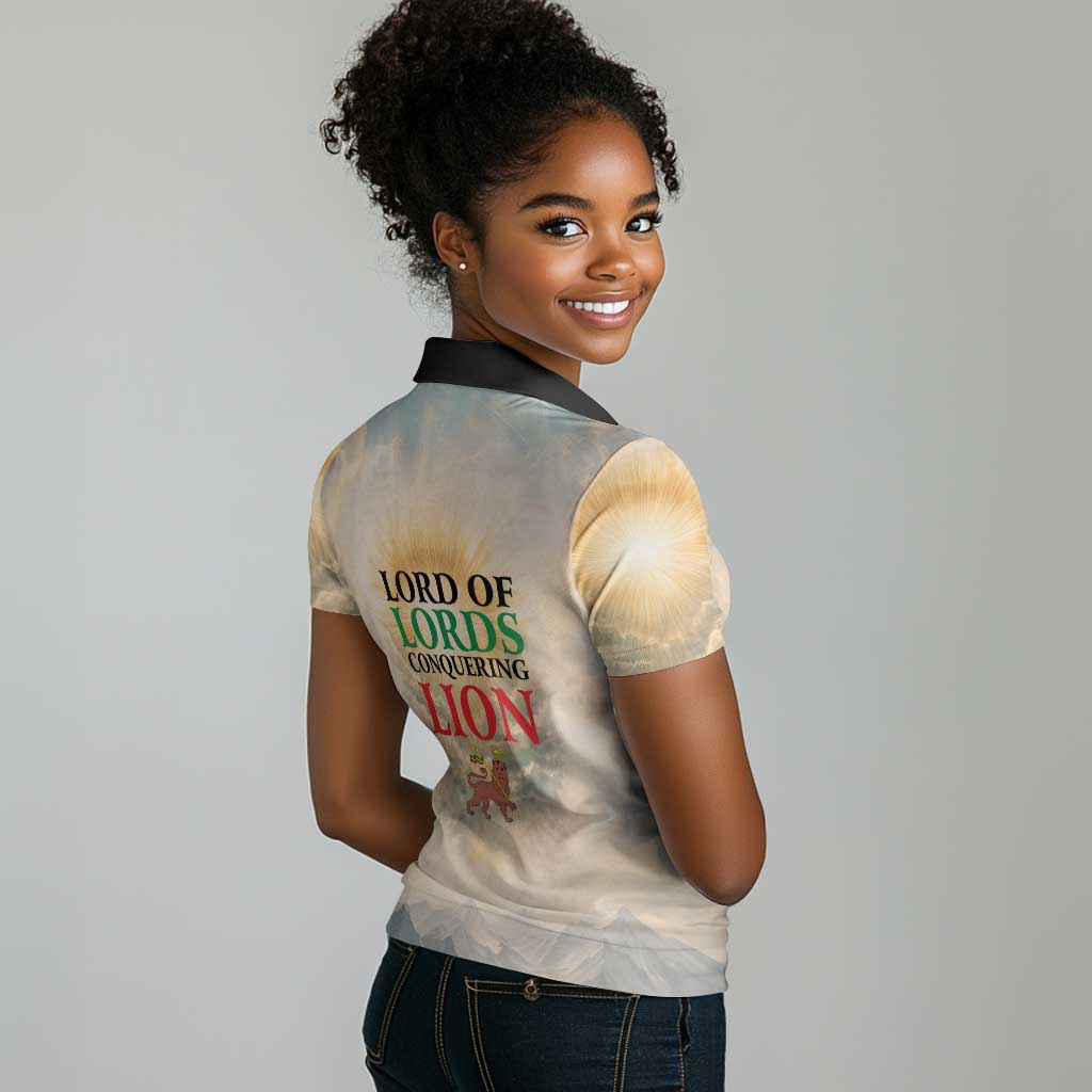 Haile Selassie I Ethiopia Women Polo Shirt with King of Kings and Conquering Lion Cloud Rays and Regal Portrait